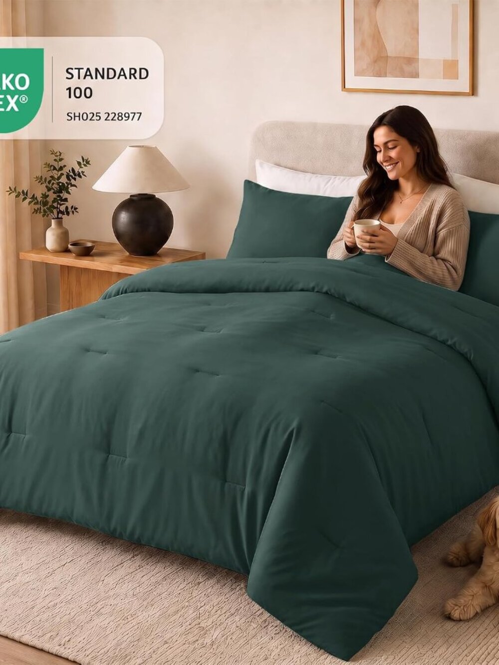 Queen Comforter Set, 3 Pieces Down Alternative Bedding Forest Green - Picture 5 of 9